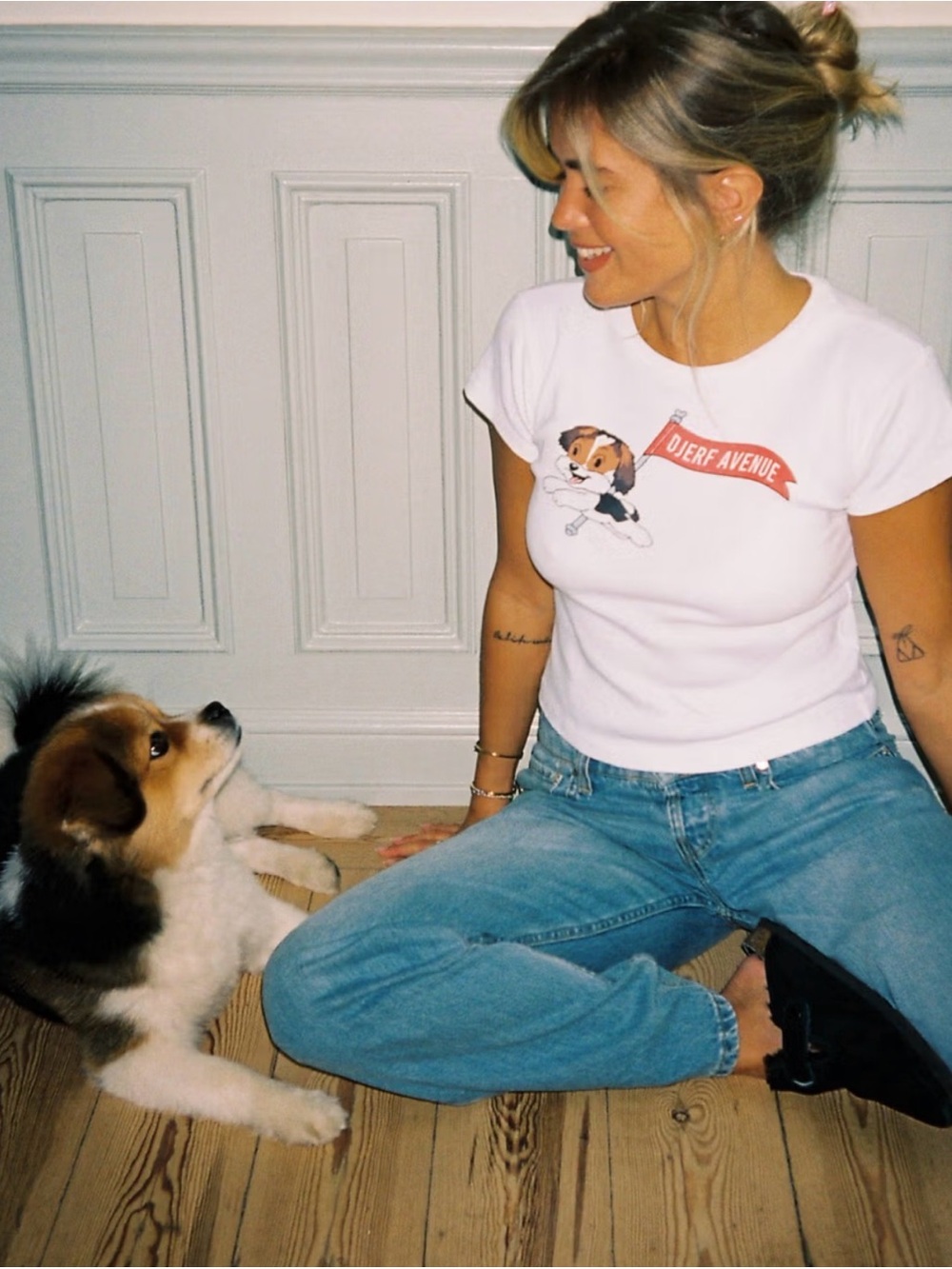 Djerf Avenue Cotton White Baby T-Shirt cute dog detail Cotton Women’s Size XS